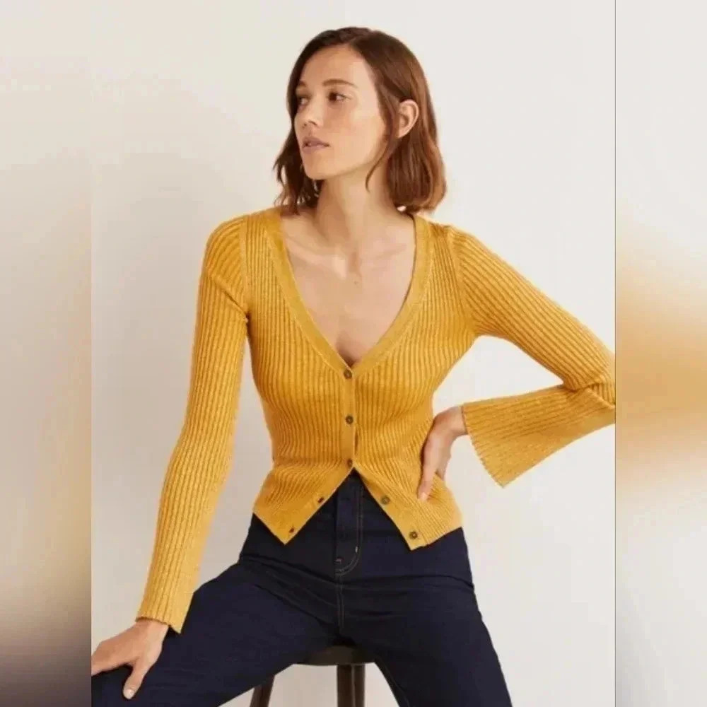 Boden Gold Ribbed Metallic Cardigan